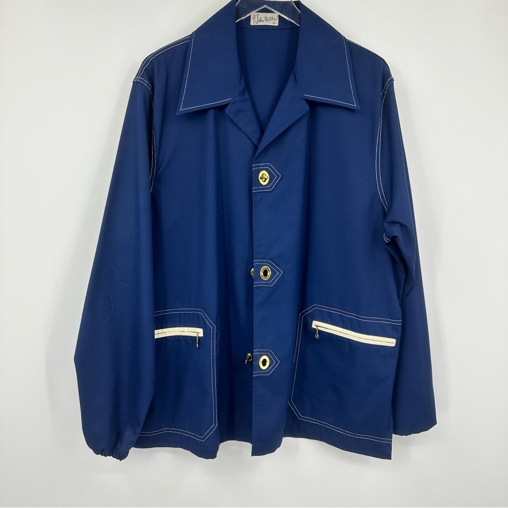 VTG John Weitz Brass Clasps Navy Blue Workwear Jacket Nautical Mens XL AQ599